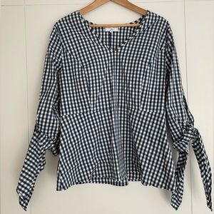Universal standard for J. Crew gingham top with tie sleeves. Size M.